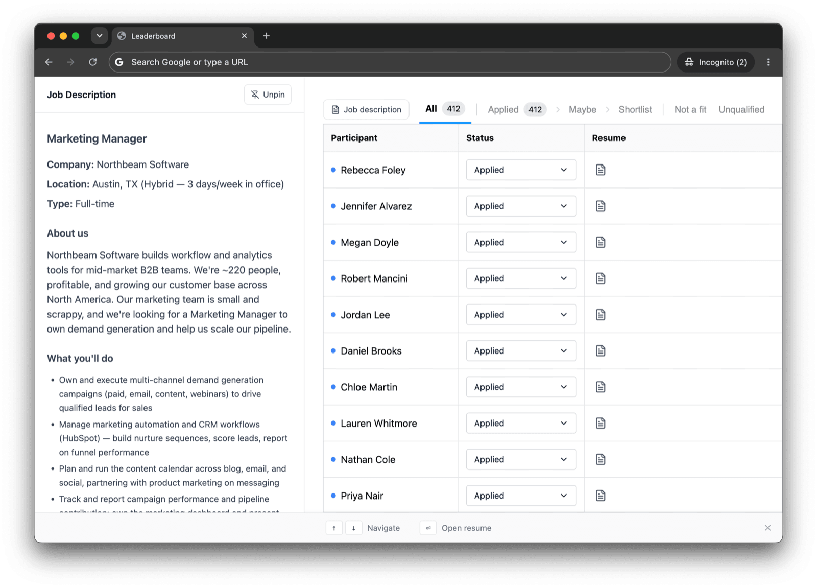 The screening tool’s list view: a pinned job description on the left and a list of applicants with a status dropdown and a resume icon on the right.