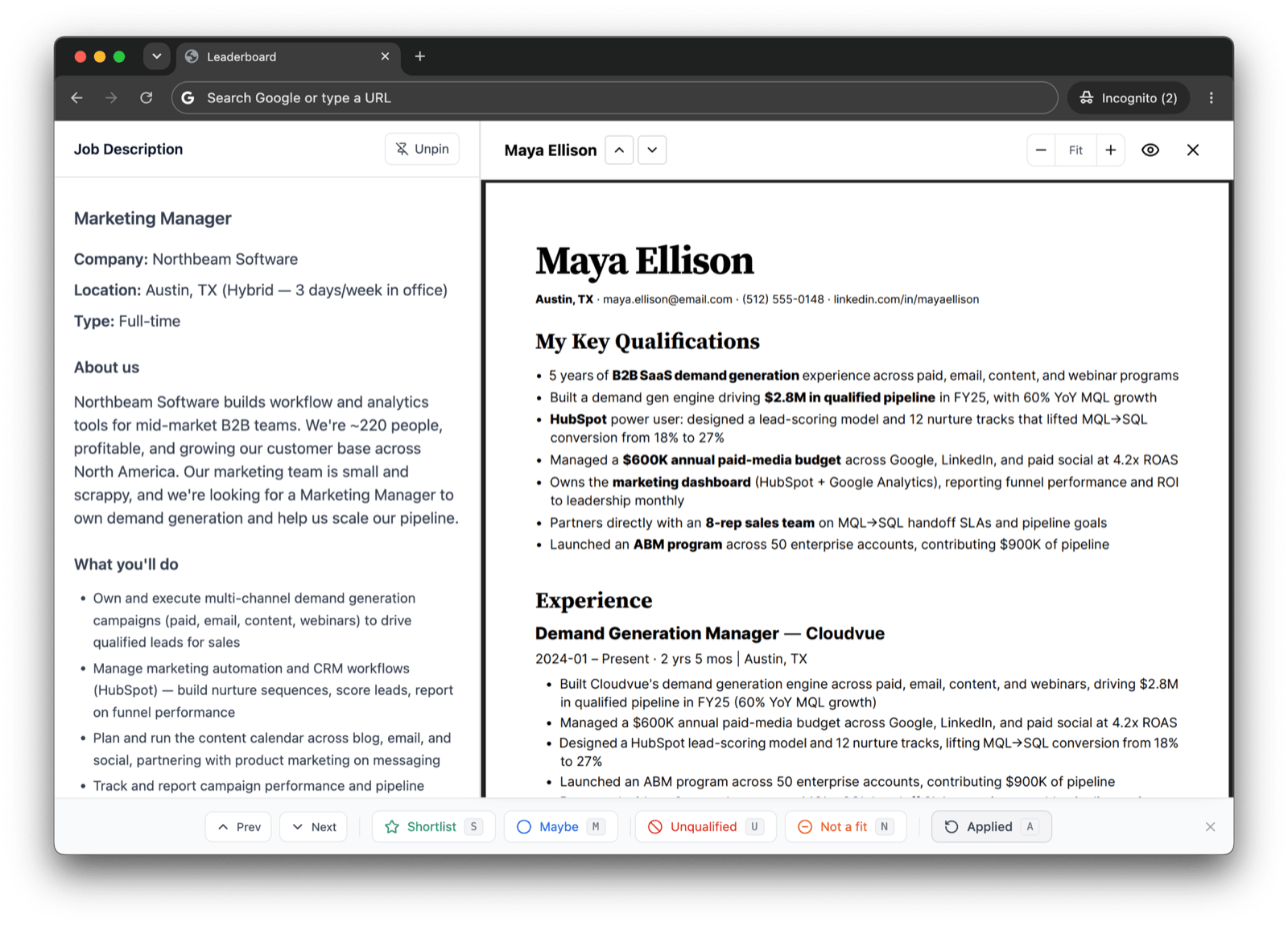 The screening tool’s resume view: a candidate’s resume beside the job description, with shortlist, maybe, unqualified, and not-a-fit buttons along the bottom.
