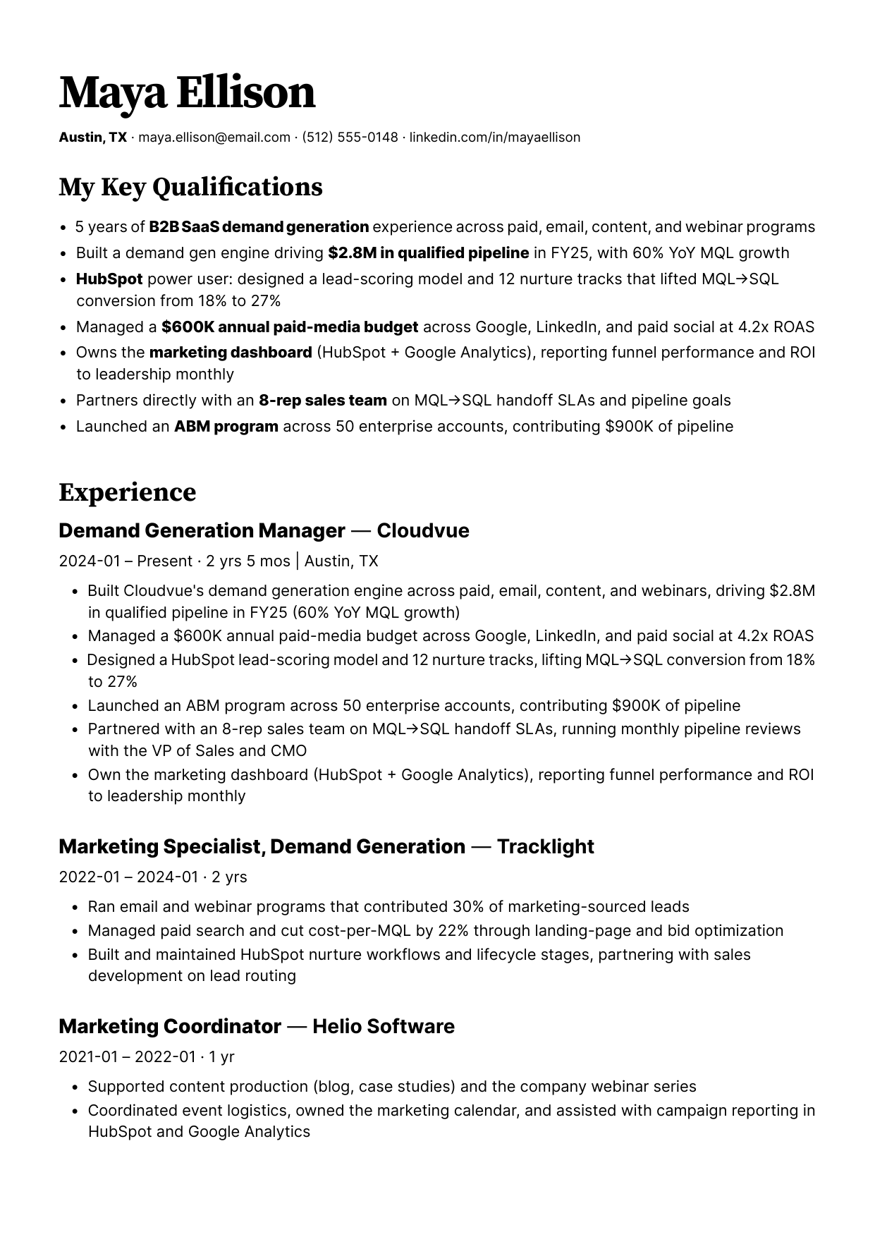 Candidate A — Qualifications gathered at the top of page one