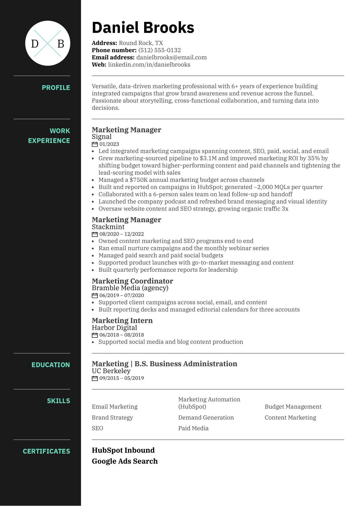 Candidate F — Two-column builder template with a skills sidebar
