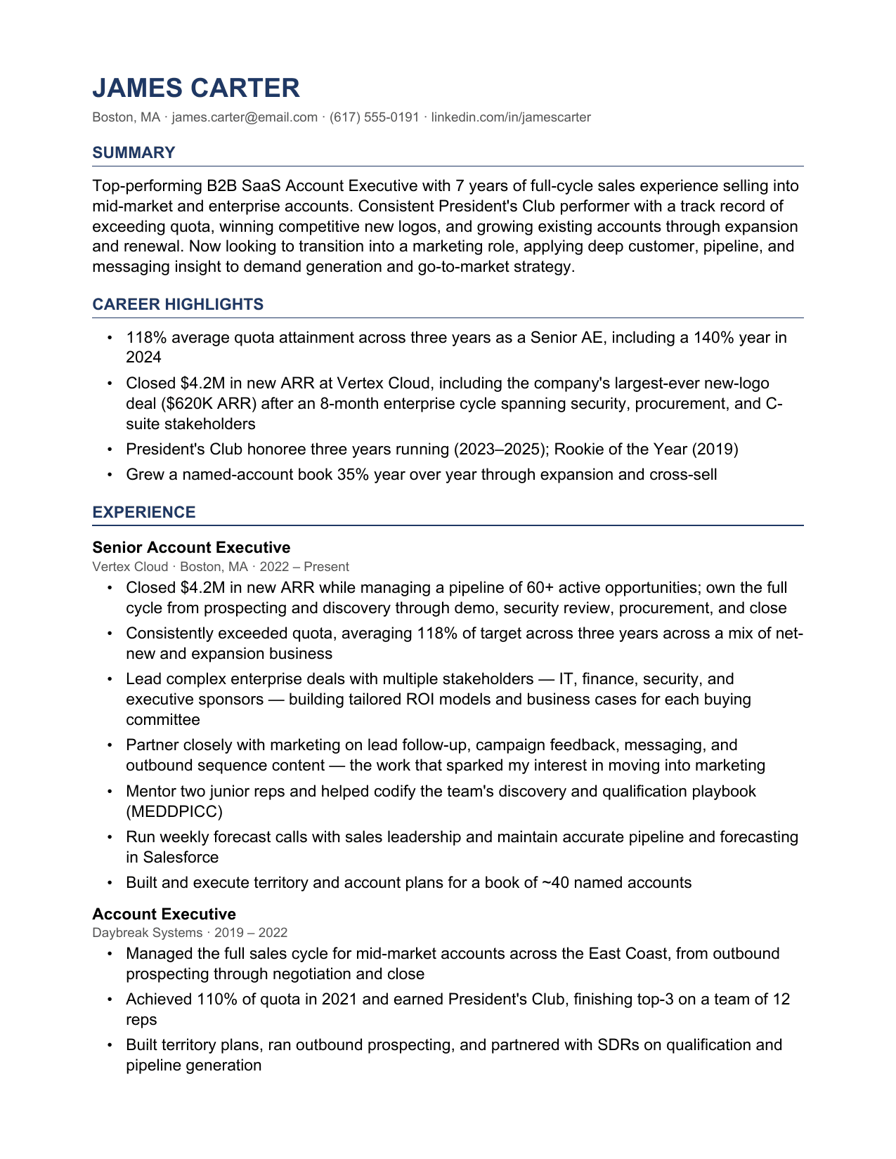 James Carter — Wrong function — a sales background pivoting toward marketing