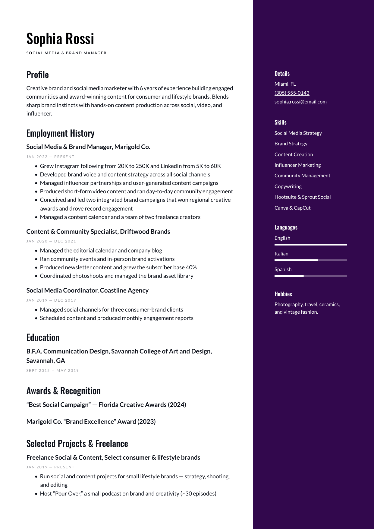 Sophia Rossi — Wrong type — brand and social, no demand gen or HubSpot