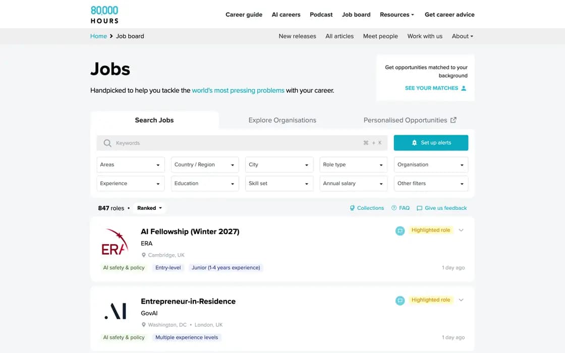 Startseite des 80.000 Hours Jobportals, erfasst am 2026-08-25