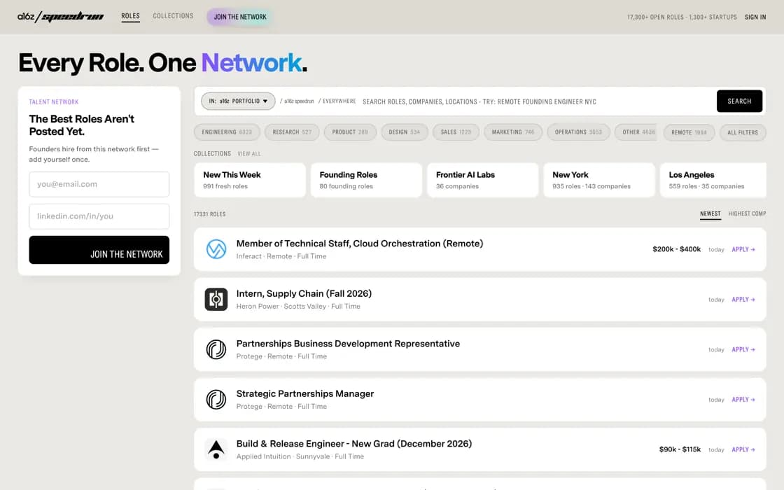 Homepage des a16z speedrun Talentnetzwerks, erfasst am 2026-08-25