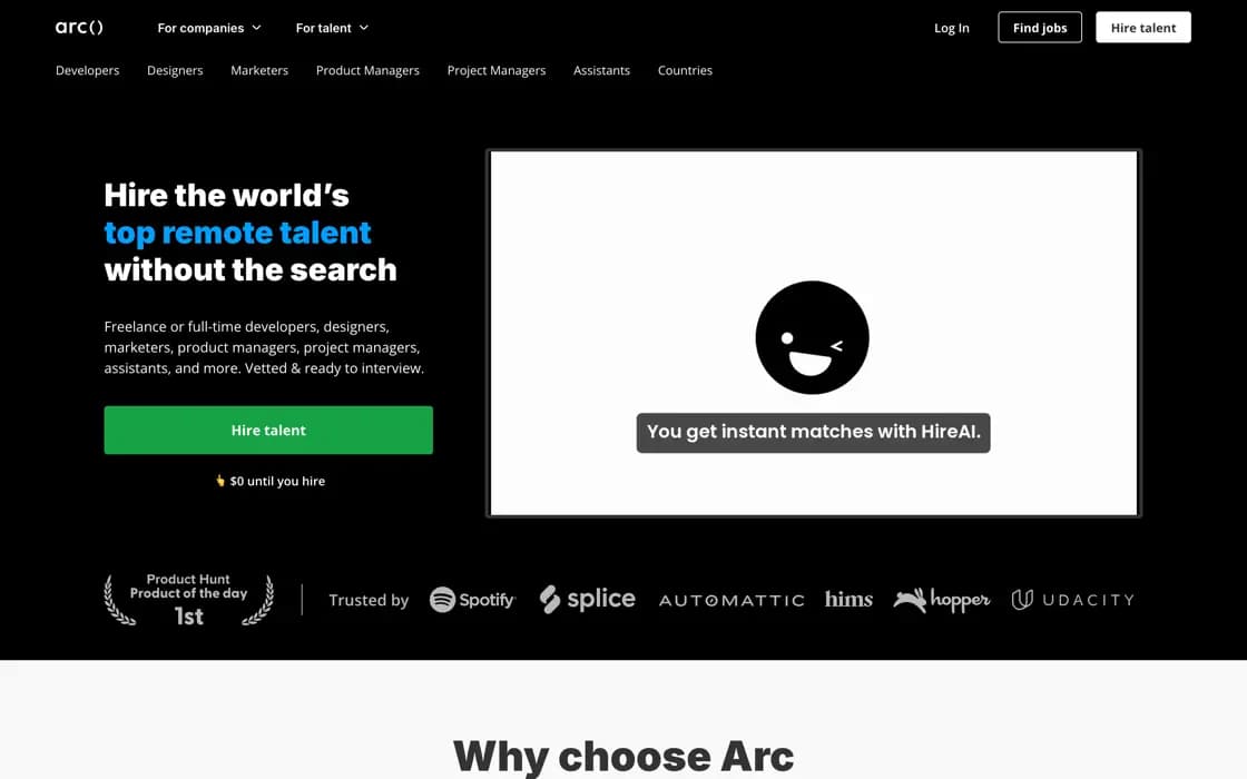 Homepage von Arc.dev, erfasst am 2026-08-25