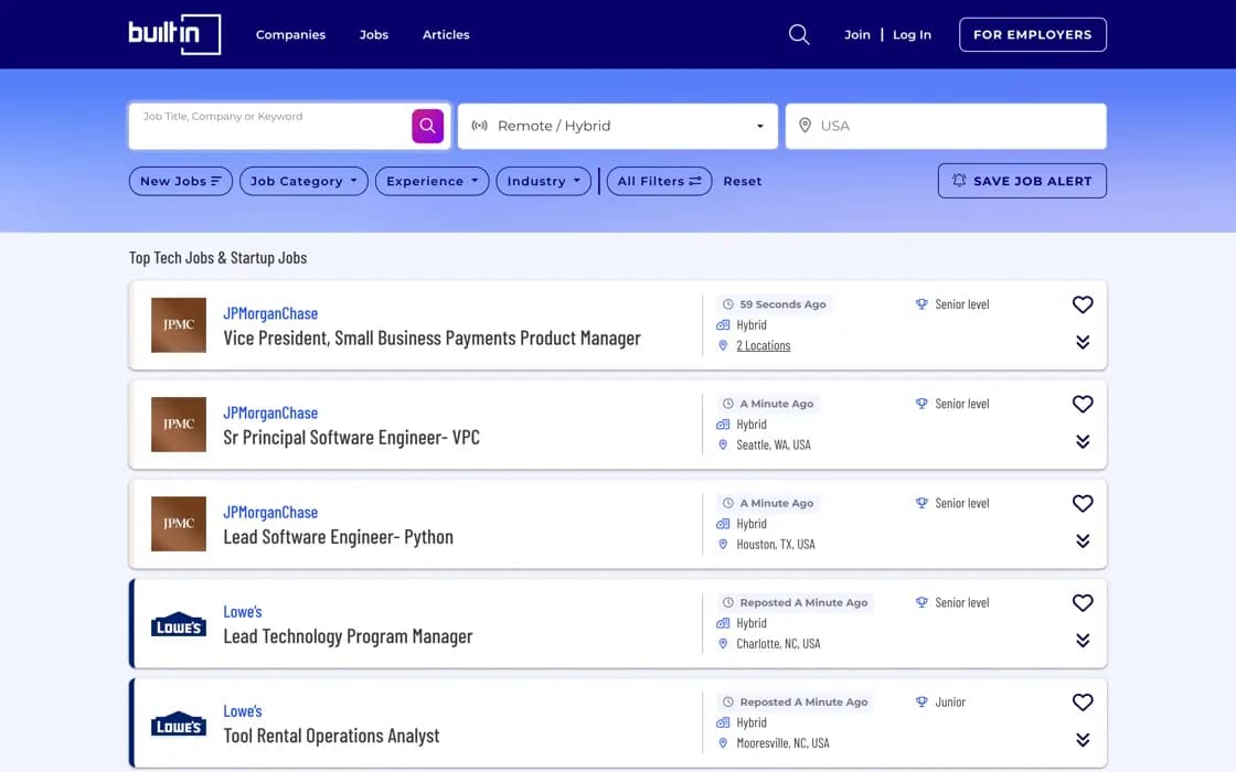 Homepage von Built In, erfasst am 2026-08-25