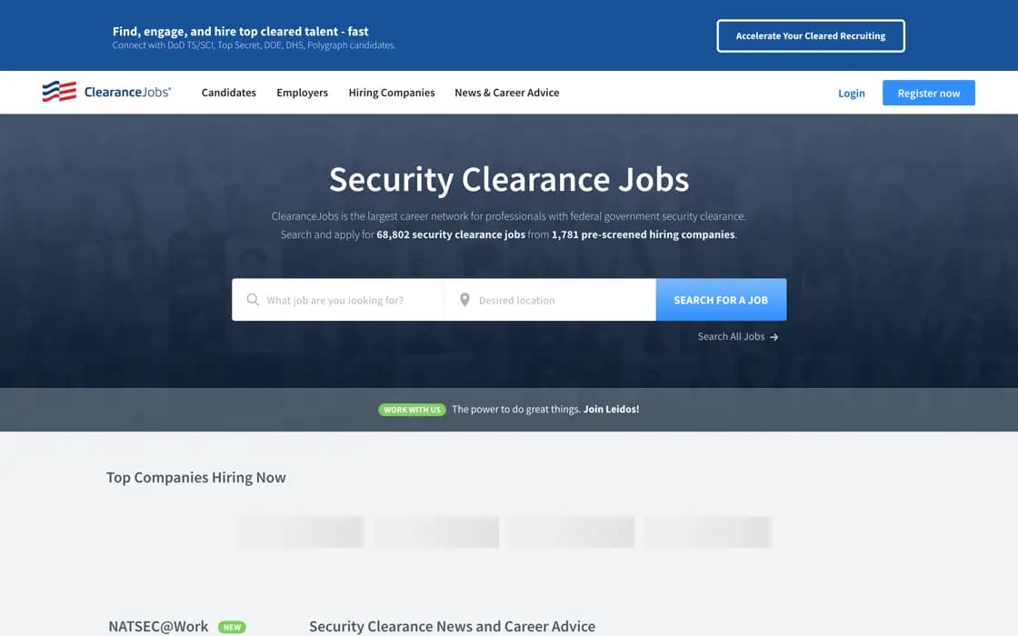 Homepage von ClearanceJobs, erfasst am 2026-08-25