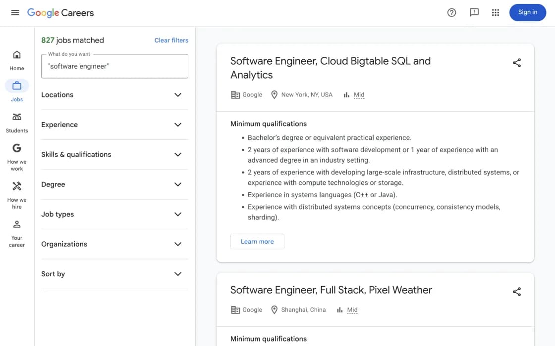Stellenanzeigen auf Google Careers, aufgenommen am 2026-08-28