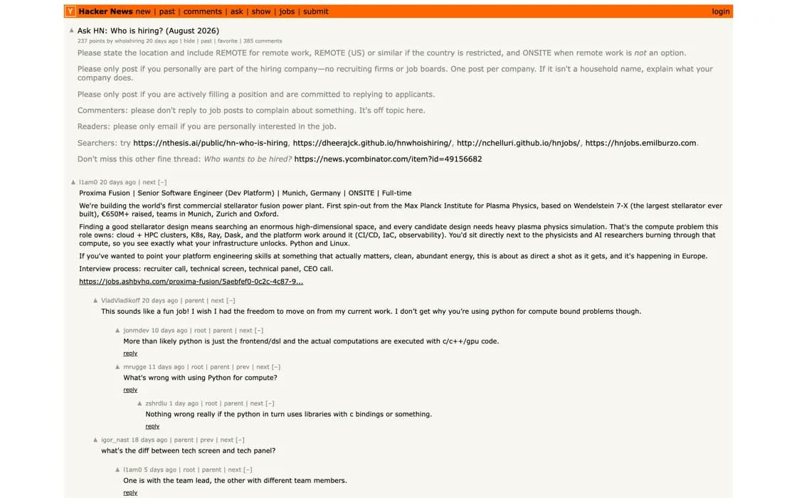 Homepage von Hacker News: Ask HN: Wer stellt ein?, erfasst am 2026-08-25