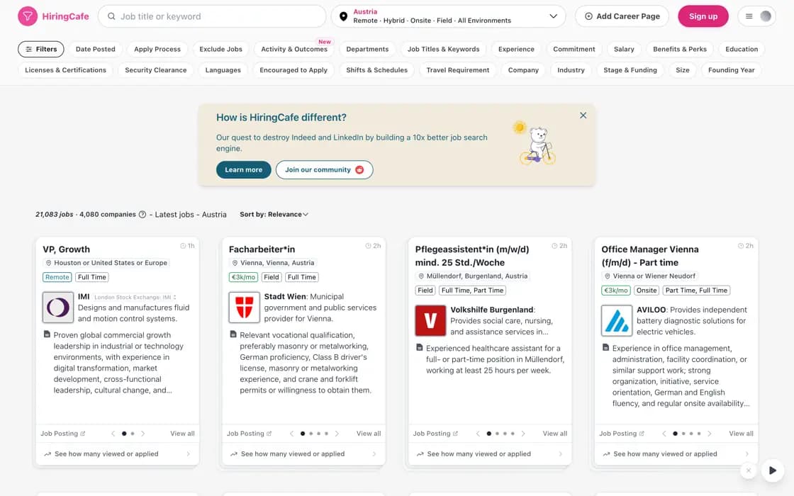 Homepage von HiringCafe, erfasst am 2026-08-25