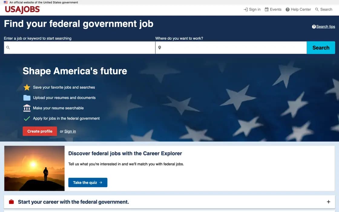 Homepage von USAJOBS, erfasst am 2026-08-25