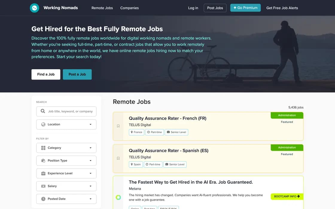 Homepage von Working Nomads, erfasst am 2026-08-25