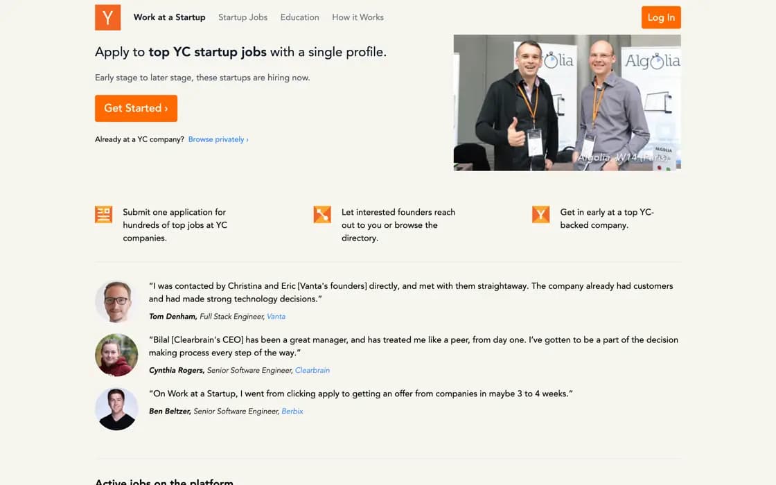 Homepage von Y Combinator: Arbeiten bei einem Startup, erfasst am 2026-08-25